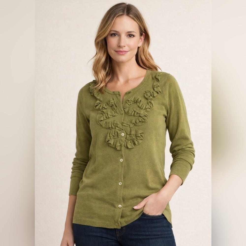 Grace Elements Olive Green Ruffled Cardigan Sweater Medium
